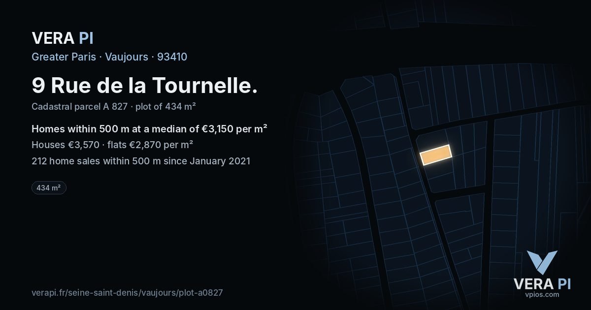 9 Rue de la Tournelle, Vaujours at night – the plot lit, the parcels around coloured by the prices near them
