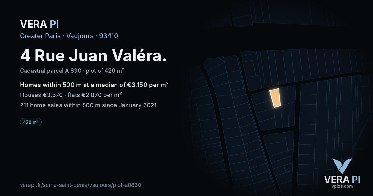 4 Rue Juan Valéra, Vaujours at night – the plot lit, the parcels around coloured by the prices near them