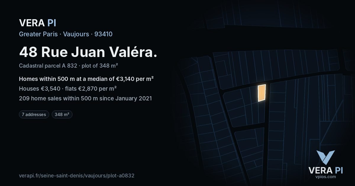 48 Rue Juan Valéra, Vaujours at night – the plot lit, the parcels around coloured by the prices near them