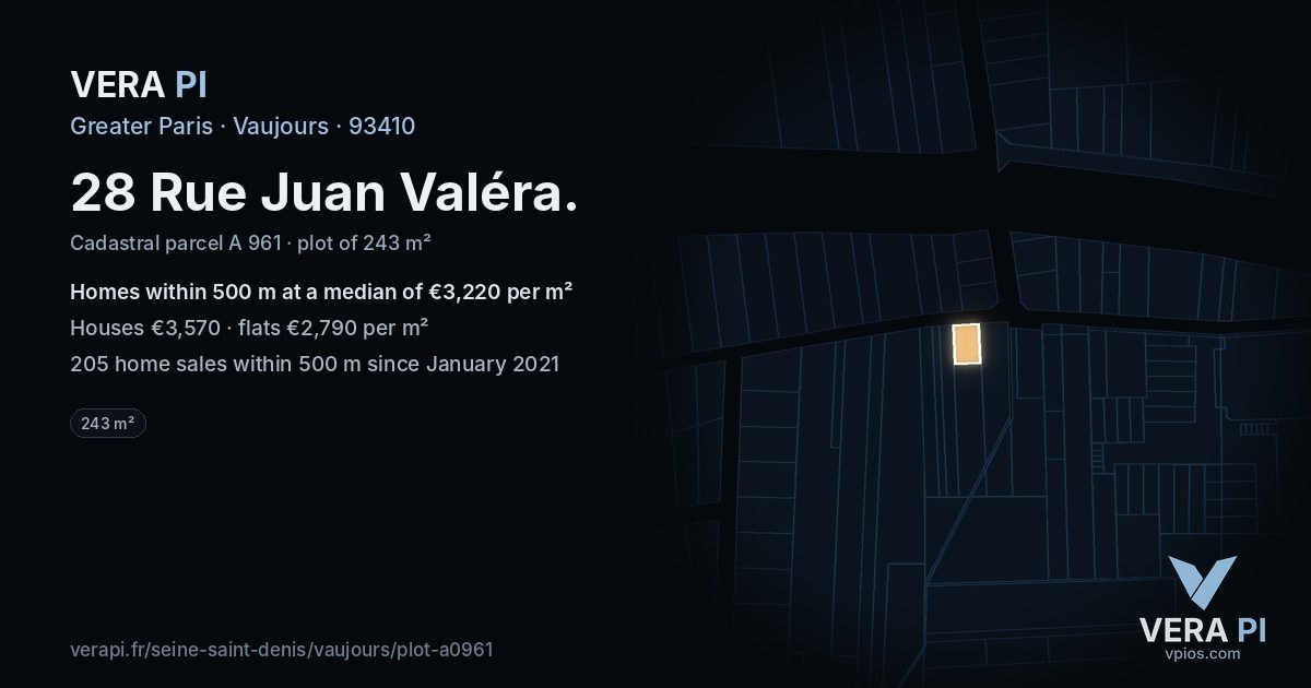 28 Rue Juan Valéra, Vaujours at night – the plot lit, the parcels around coloured by the prices near them