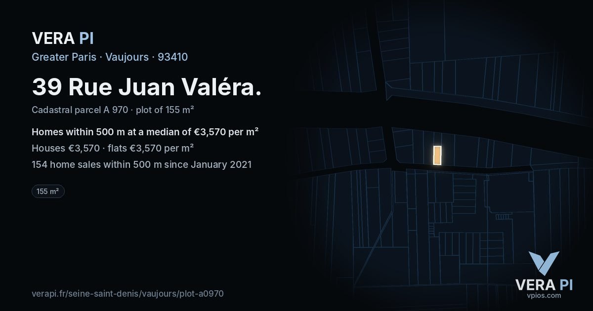 39 Rue Juan Valéra, Vaujours at night – the plot lit, the parcels around coloured by the prices near them