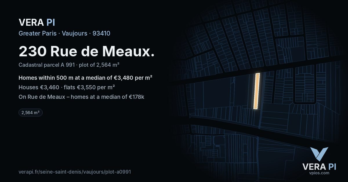 230 Rue de Meaux, Vaujours at night – the plot lit, the parcels around coloured by the prices near them