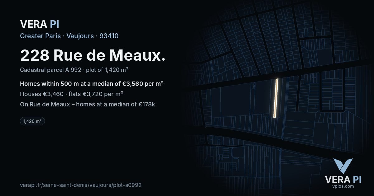 228 Rue de Meaux, Vaujours at night – the plot lit, the parcels around coloured by the prices near them