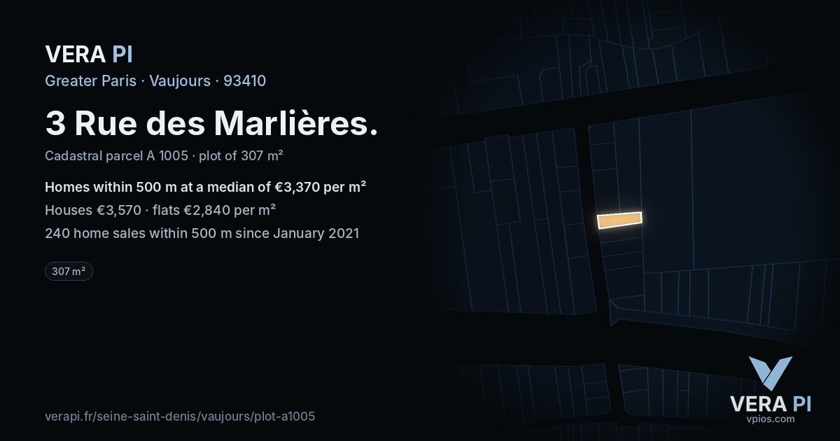 3 Rue des Marlières, Vaujours at night – the plot lit, the parcels around coloured by the prices near them