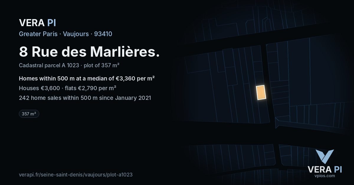 8 Rue des Marlières, Vaujours at night – the plot lit, the parcels around coloured by the prices near them