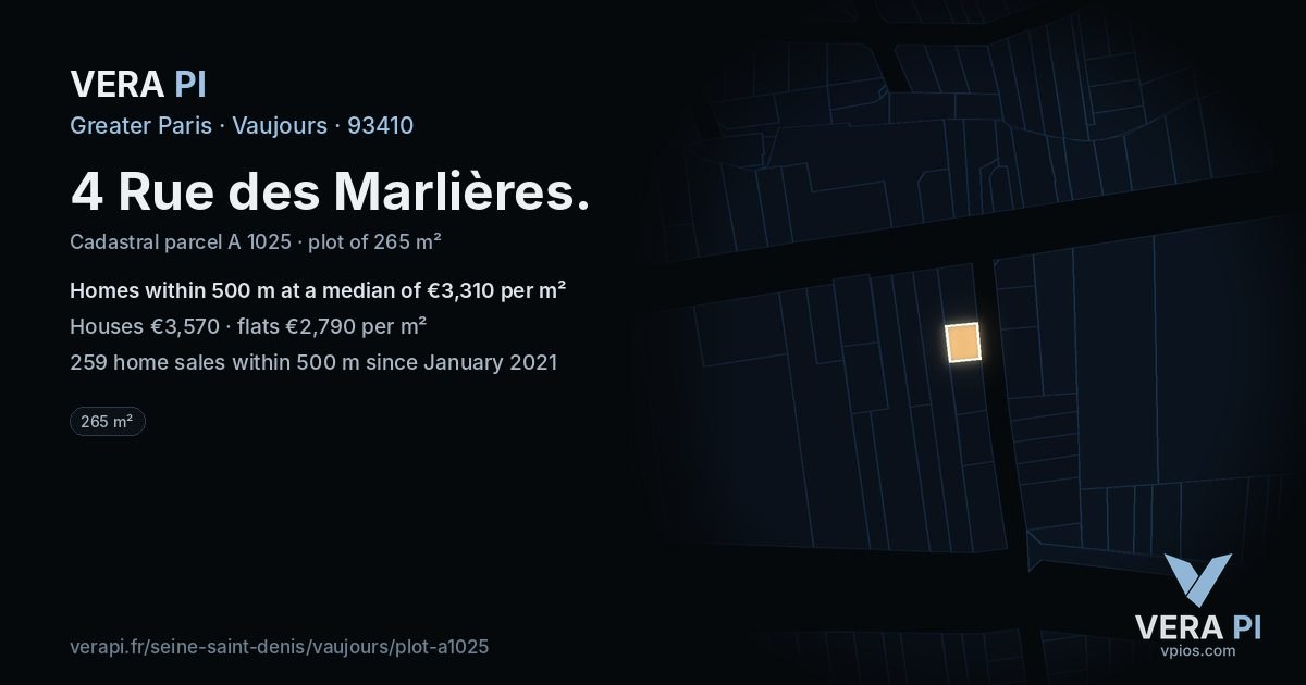 4 Rue des Marlières, Vaujours at night – the plot lit, the parcels around coloured by the prices near them