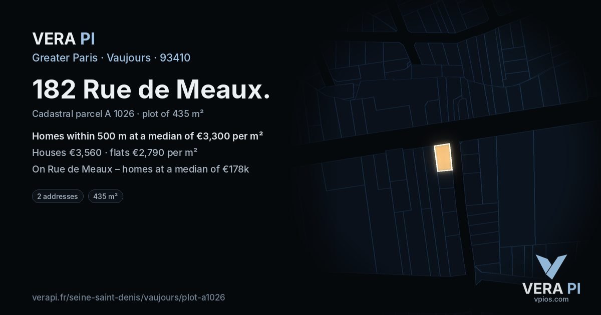 182 Rue de Meaux, Vaujours at night – the plot lit, the parcels around coloured by the prices near them