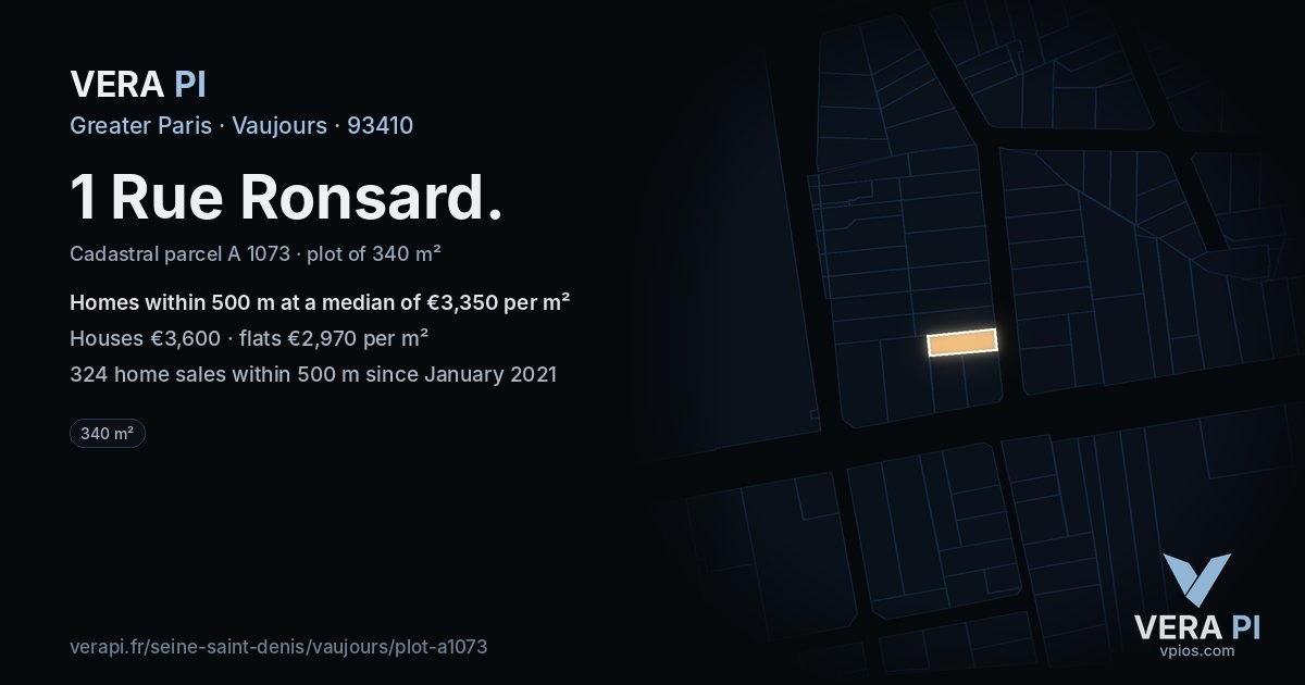 1 Rue Ronsard, Vaujours at night – the plot lit, the parcels around coloured by the prices near them