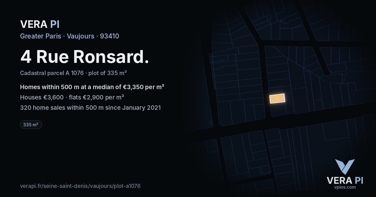 4 Rue Ronsard, Vaujours at night – the plot lit, the parcels around coloured by the prices near them