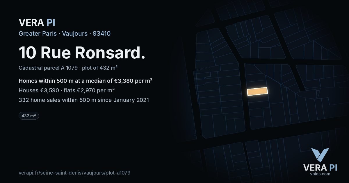 10 Rue Ronsard, Vaujours at night – the plot lit, the parcels around coloured by the prices near them