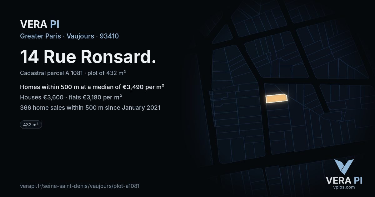 14 Rue Ronsard, Vaujours at night – the plot lit, the parcels around coloured by the prices near them