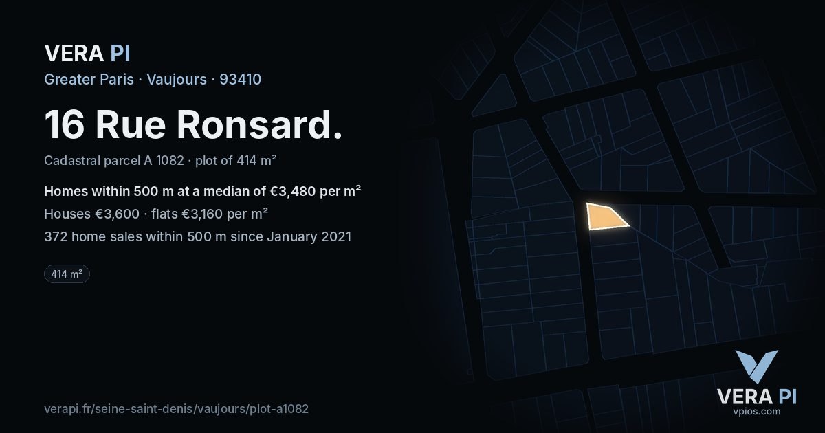 16 Rue Ronsard, Vaujours at night – the plot lit, the parcels around coloured by the prices near them