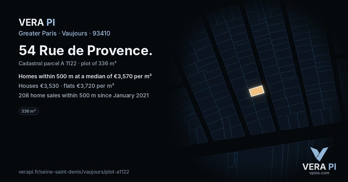 54 Rue de Provence, Vaujours at night – the plot lit, the parcels around coloured by the prices near them