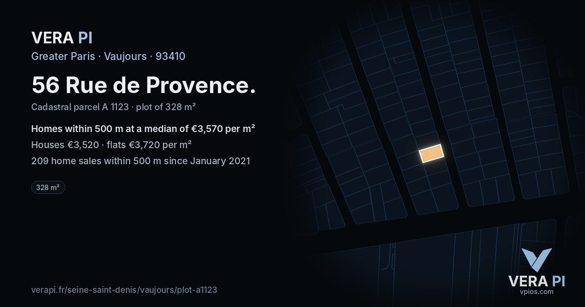 56 Rue de Provence, Vaujours at night – the plot lit, the parcels around coloured by the prices near them