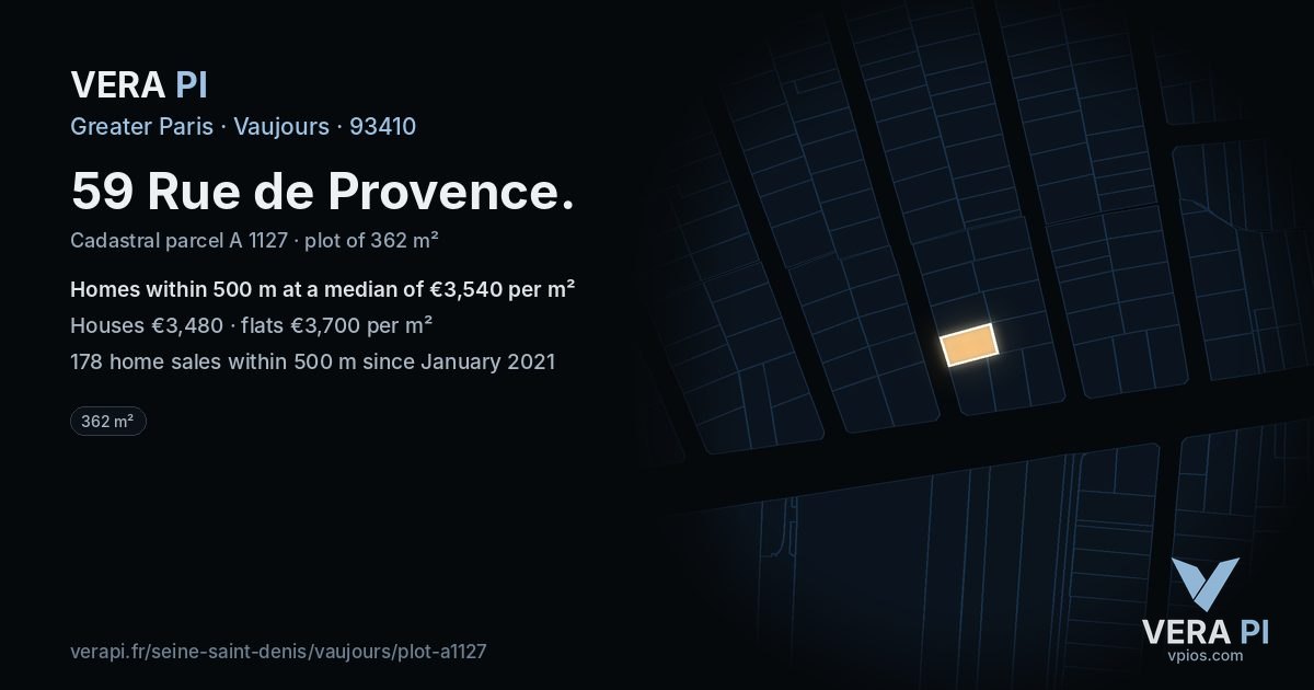 59 Rue de Provence, Vaujours at night – the plot lit, the parcels around coloured by the prices near them