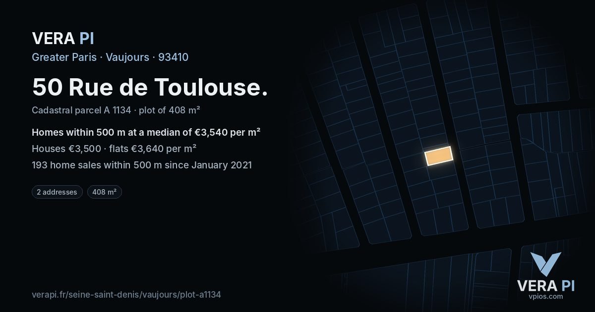 50 Rue de Toulouse, Vaujours at night – the plot lit, the parcels around coloured by the prices near them