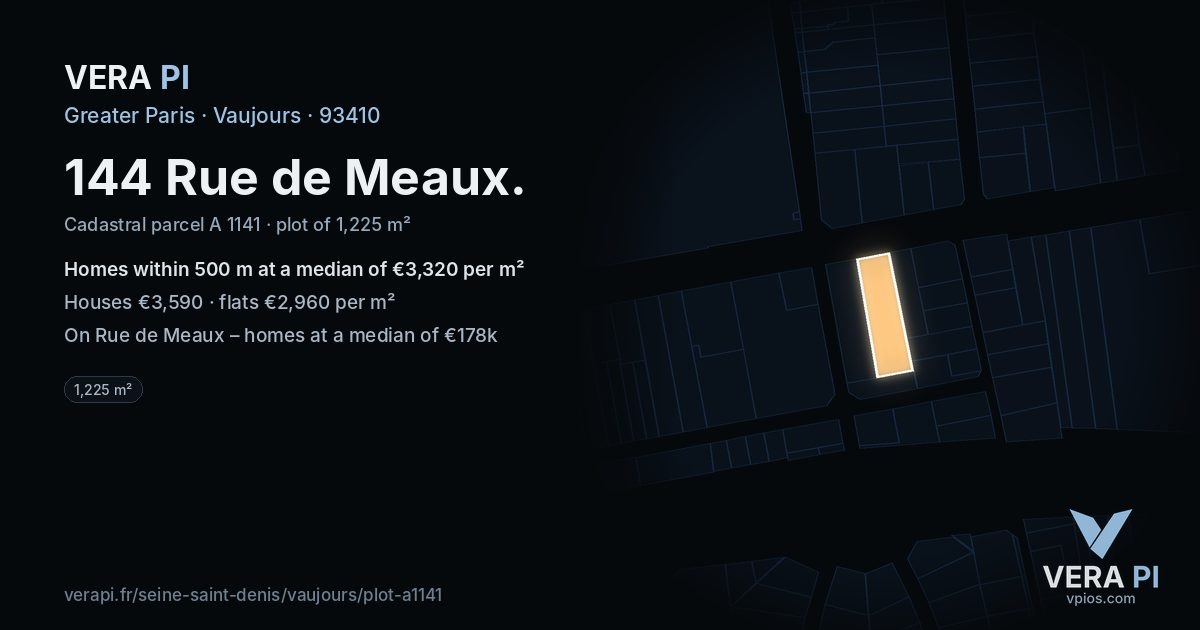 144 Rue de Meaux, Vaujours at night – the plot lit, the parcels around coloured by the prices near them