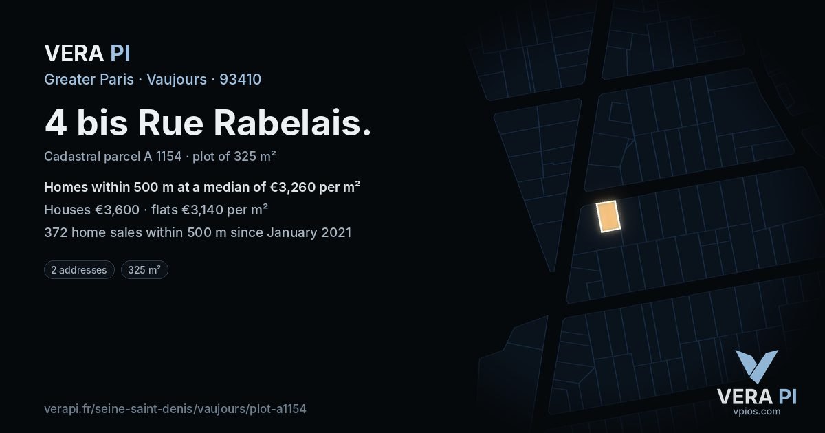 4 bis Rue Rabelais, Vaujours at night – the plot lit, the parcels around coloured by the prices near them