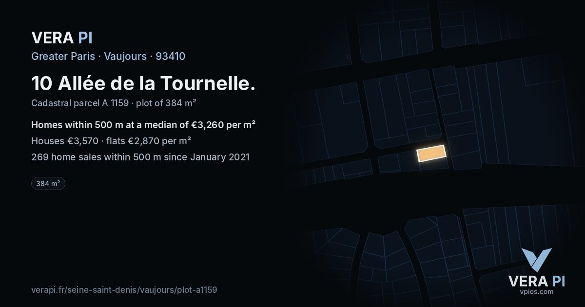 10 Allée de la Tournelle, Vaujours at night – the plot lit, the parcels around coloured by the prices near them