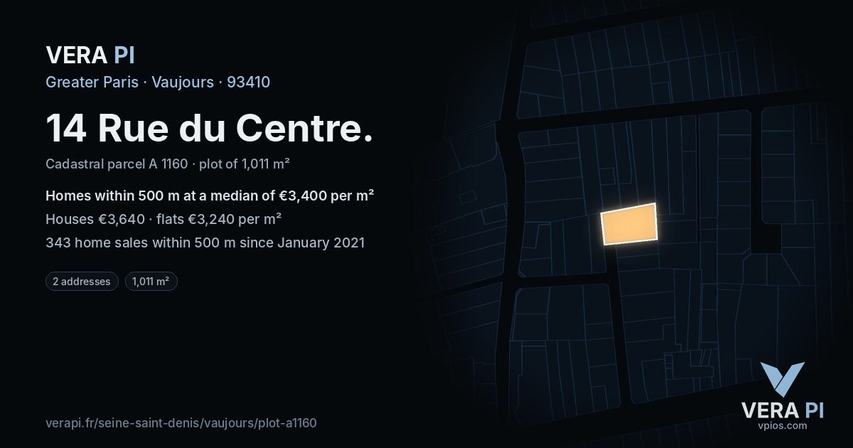 14 Rue du Centre, Vaujours at night – the plot lit, the parcels around coloured by the prices near them