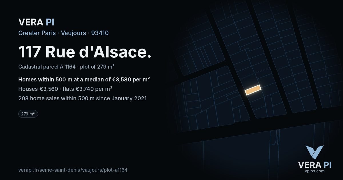 117 Rue d'Alsace, Vaujours at night – the plot lit, the parcels around coloured by the prices near them