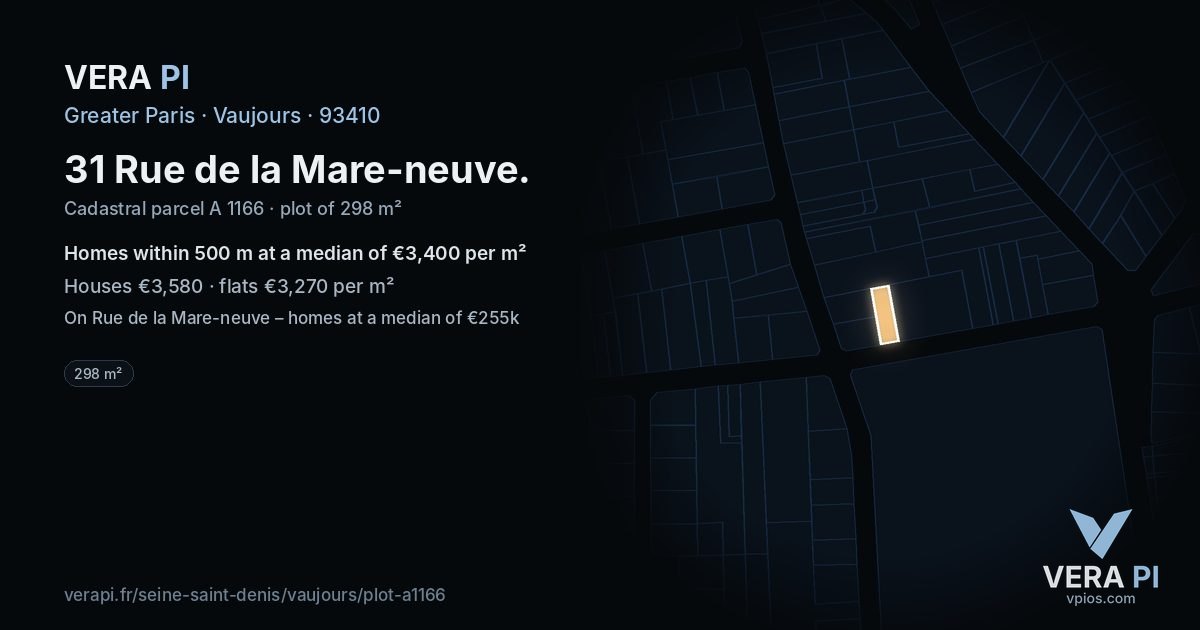 31 Rue de la Mare-neuve, Vaujours at night – the plot lit, the parcels around coloured by the prices near them