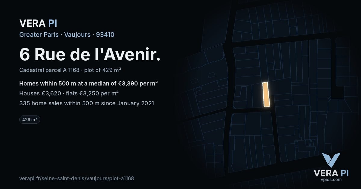 6 Rue de l'Avenir, Vaujours at night – the plot lit, the parcels around coloured by the prices near them