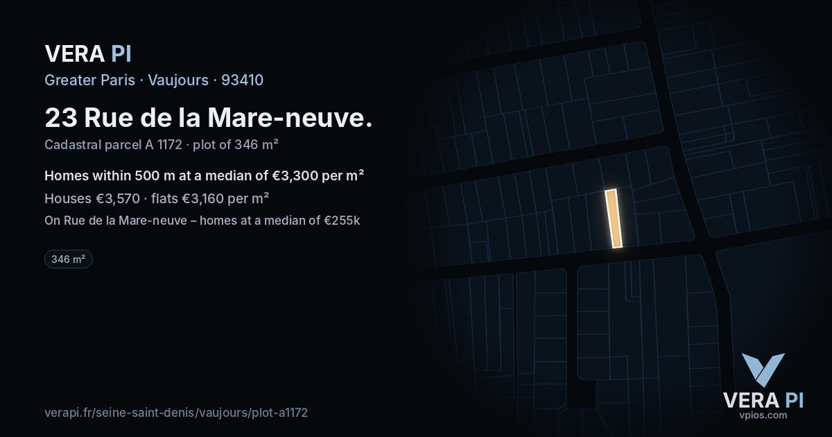 23 Rue de la Mare-neuve, Vaujours at night – the plot lit, the parcels around coloured by the prices near them