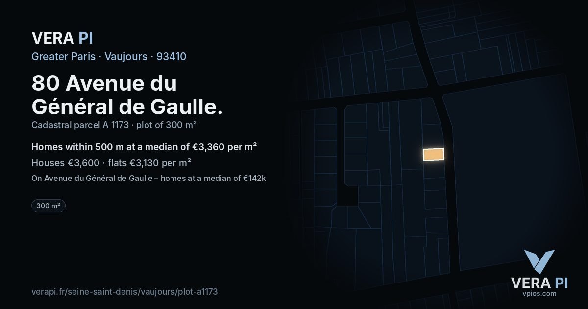 80 Avenue du Général de Gaulle, Vaujours at night – the plot lit, the parcels around coloured by the prices near them