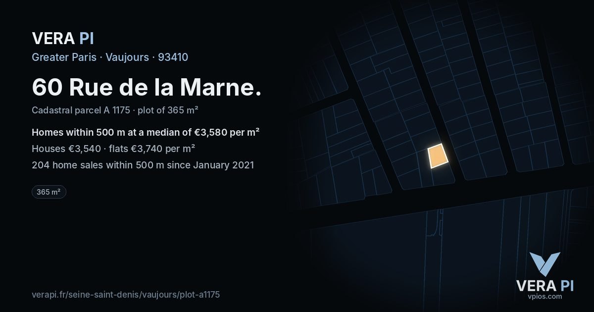 60 Rue de la Marne, Vaujours at night – the plot lit, the parcels around coloured by the prices near them