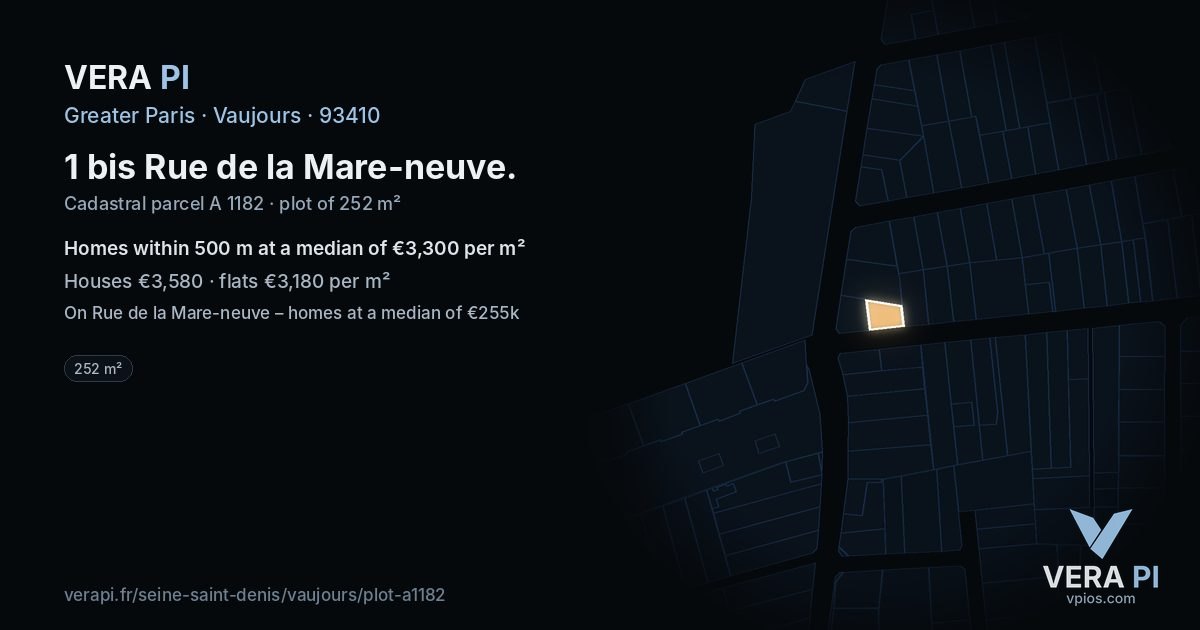 1 bis Rue de la Mare-neuve, Vaujours at night – the plot lit, the parcels around coloured by the prices near them