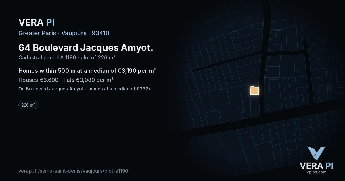 64 Boulevard Jacques Amyot, Vaujours at night – the plot lit, the parcels around coloured by the prices near them
