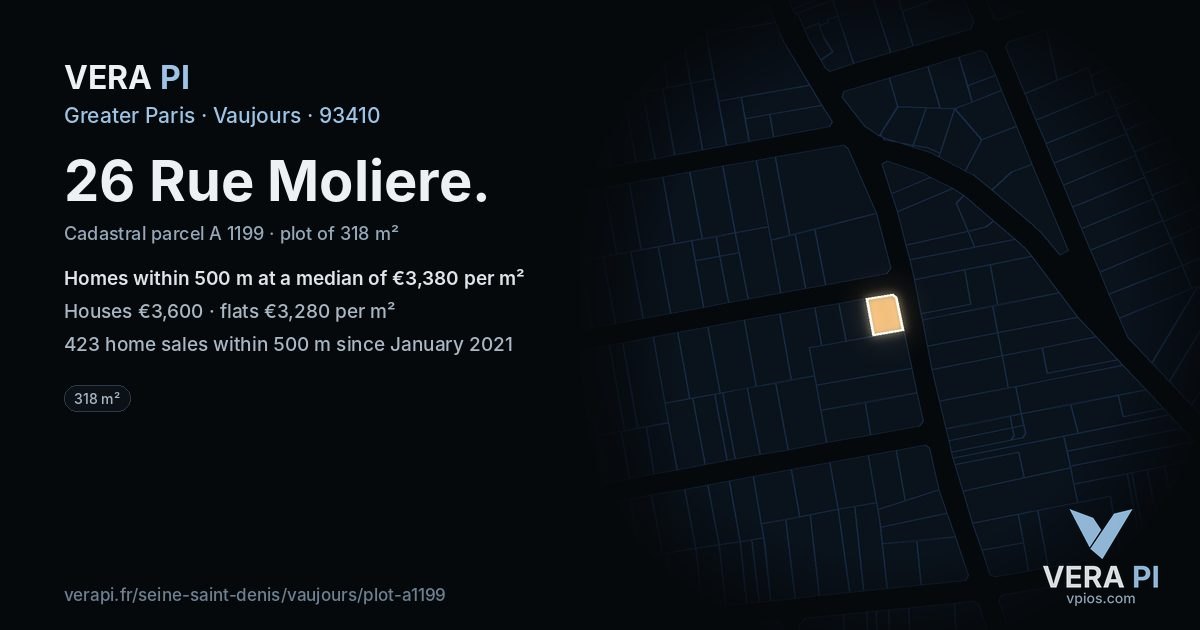 26 Rue Moliere, Vaujours at night – the plot lit, the parcels around coloured by the prices near them