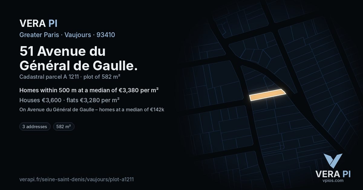 51 Avenue du Général de Gaulle, Vaujours at night – the plot lit, the parcels around coloured by the prices near them