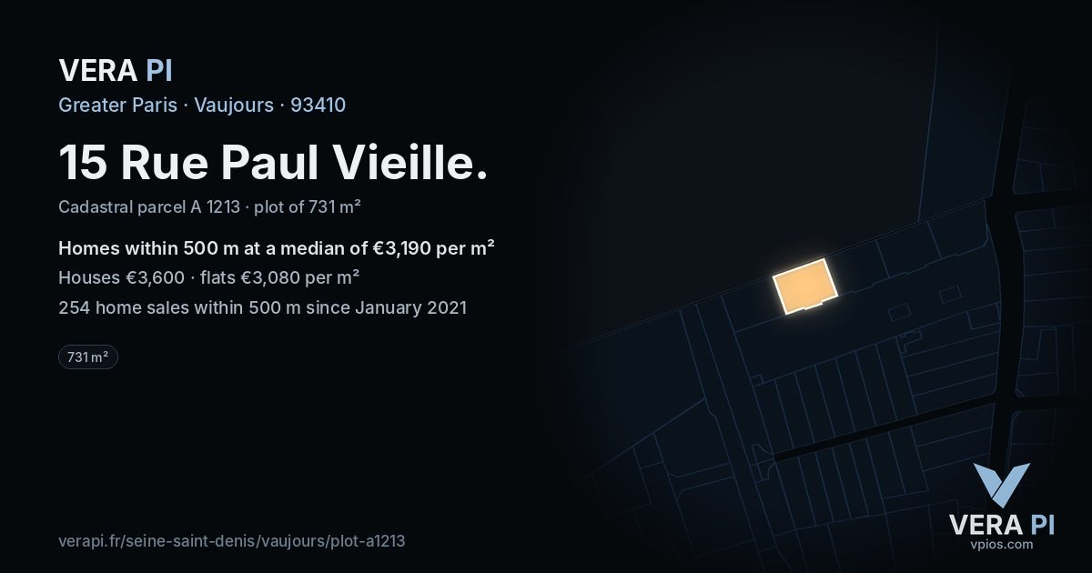 15 Rue Paul Vieille, Vaujours at night – the plot lit, the parcels around coloured by the prices near them