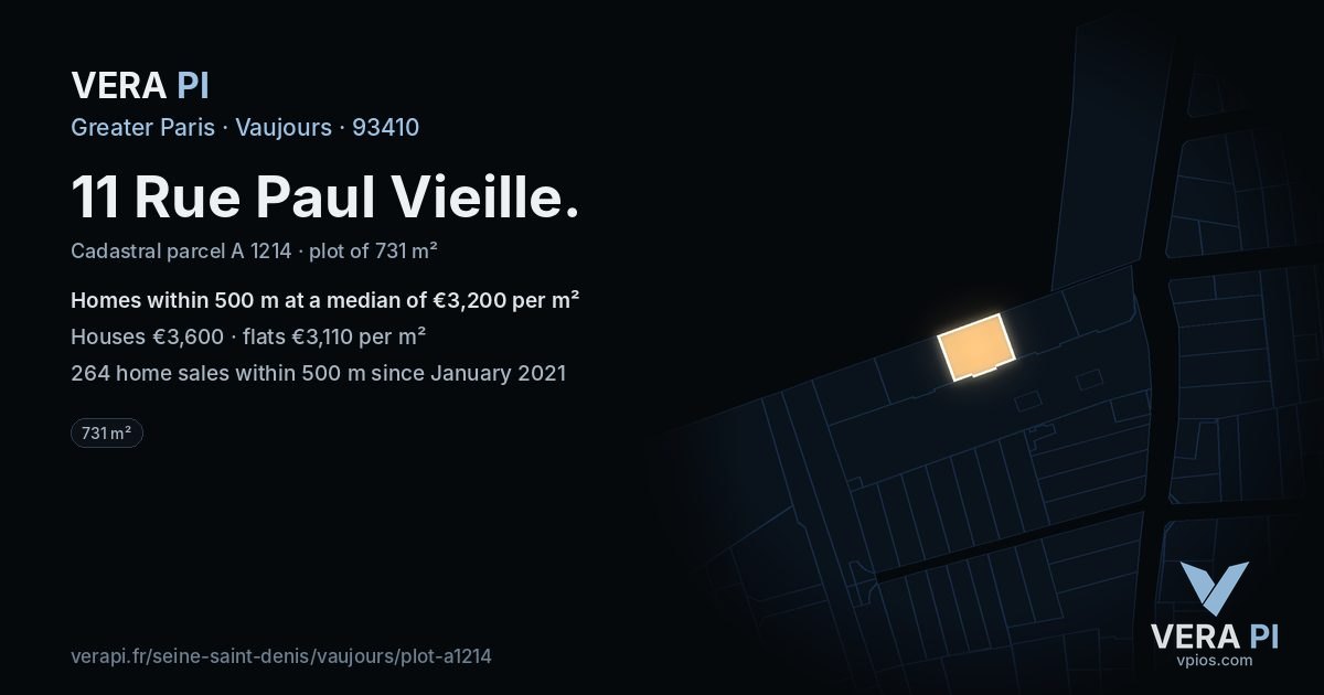 11 Rue Paul Vieille, Vaujours at night – the plot lit, the parcels around coloured by the prices near them