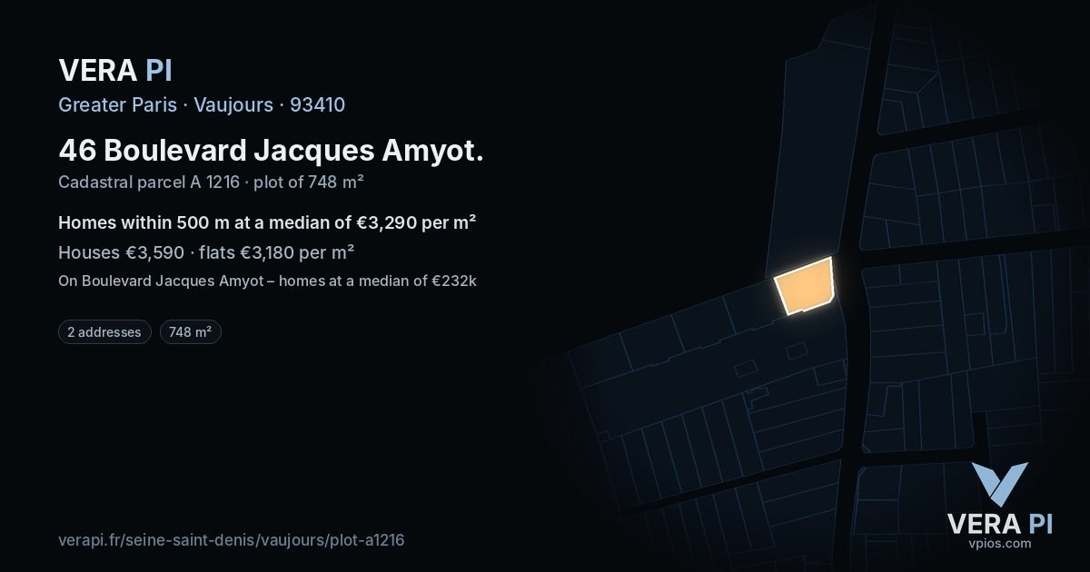 46 Boulevard Jacques Amyot, Vaujours at night – the plot lit, the parcels around coloured by the prices near them