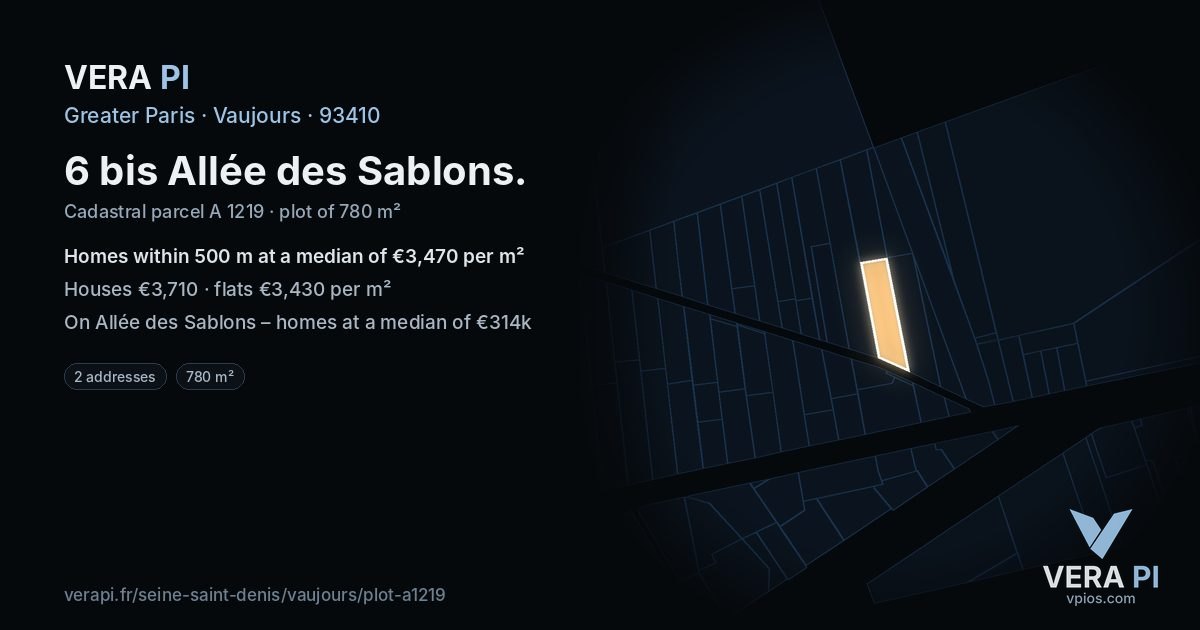 6 bis Allée des Sablons, Vaujours at night – the plot lit, the parcels around coloured by the prices near them