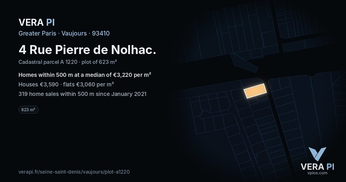4 Rue Pierre de Nolhac, Vaujours at night – the plot lit, the parcels around coloured by the prices near them