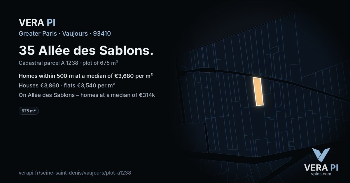 35 Allée des Sablons, Vaujours at night – the plot lit, the parcels around coloured by the prices near them