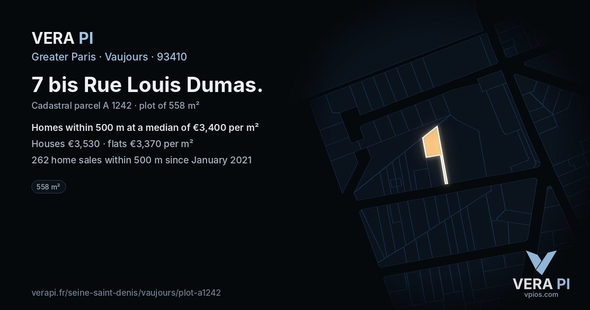 7 bis Rue Louis Dumas, Vaujours at night – the plot lit, the parcels around coloured by the prices near them