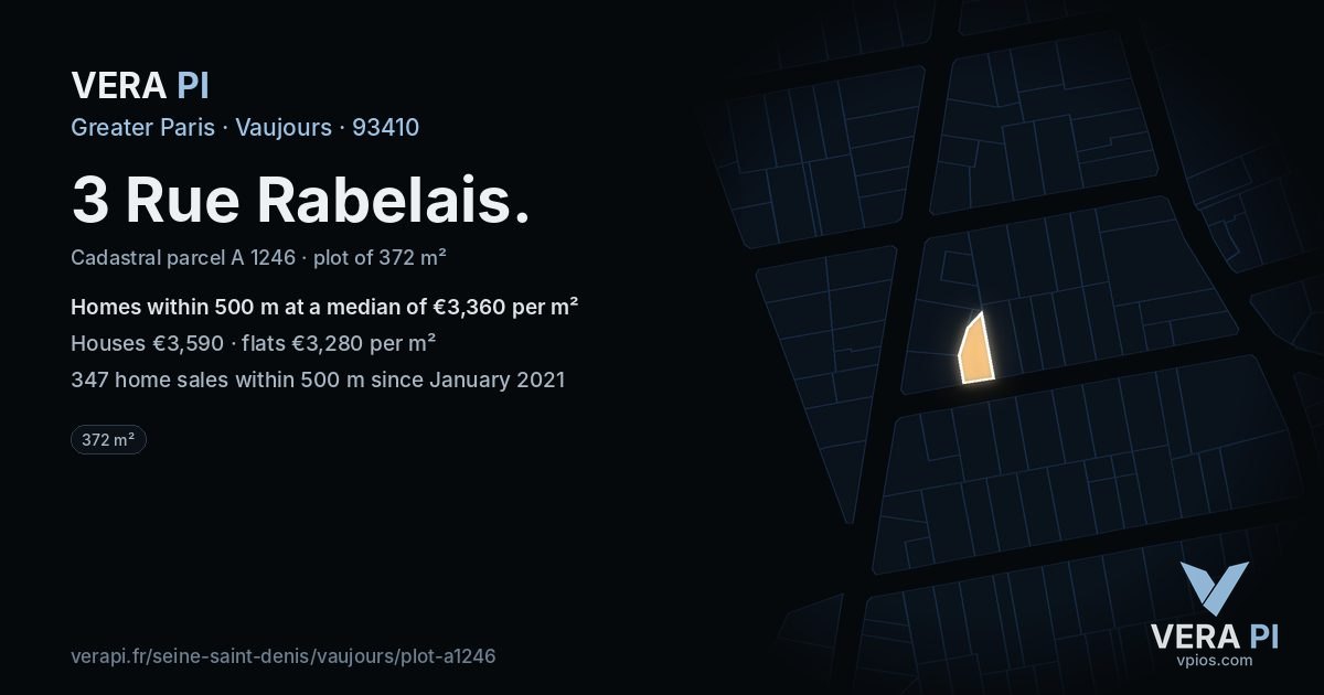 3 Rue Rabelais, Vaujours at night – the plot lit, the parcels around coloured by the prices near them