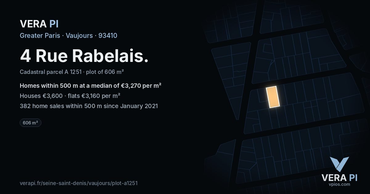 4 Rue Rabelais, Vaujours at night – the plot lit, the parcels around coloured by the prices near them