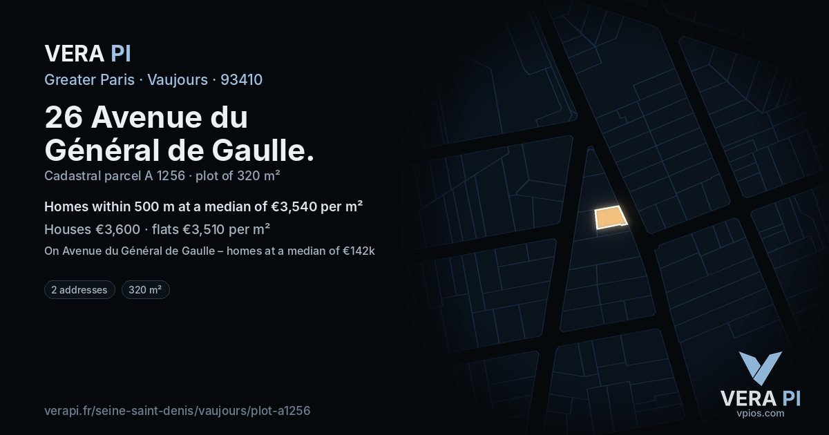26 Avenue du Général de Gaulle, Vaujours at night – the plot lit, the parcels around coloured by the prices near them