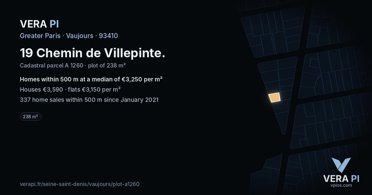 19 Chemin de Villepinte, Vaujours at night – the plot lit, the parcels around coloured by the prices near them