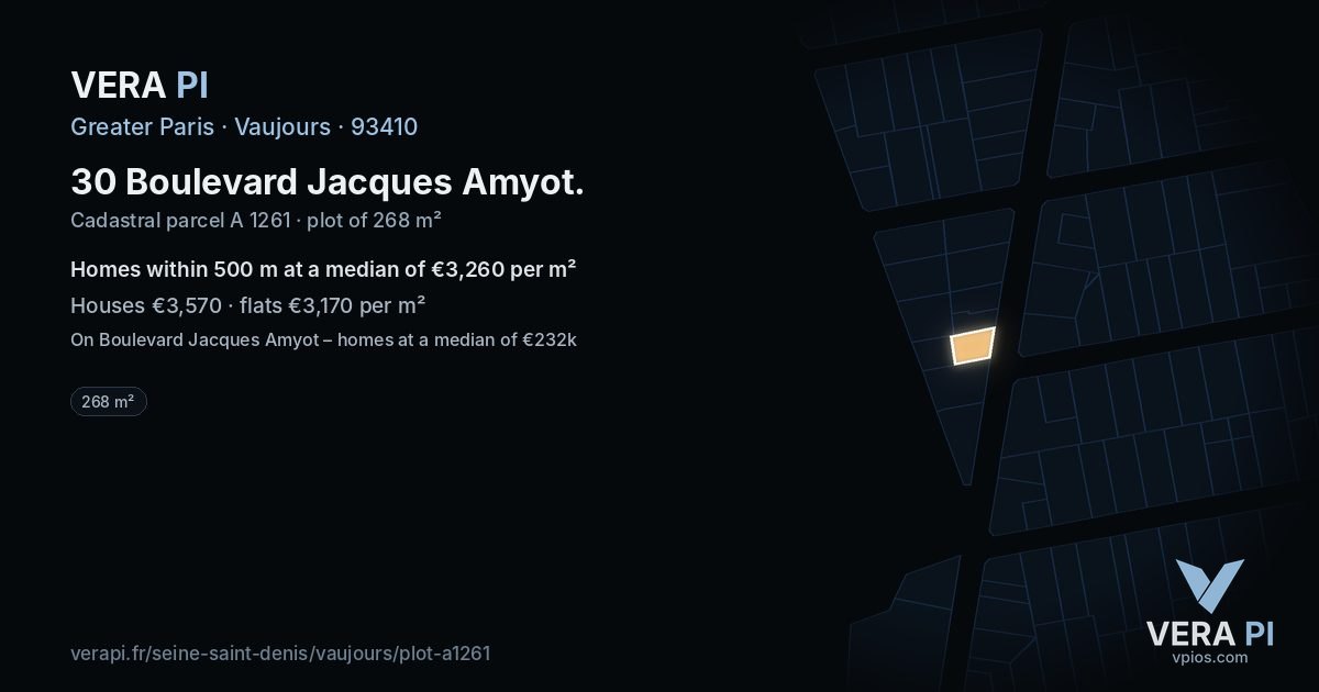 30 Boulevard Jacques Amyot, Vaujours at night – the plot lit, the parcels around coloured by the prices near them