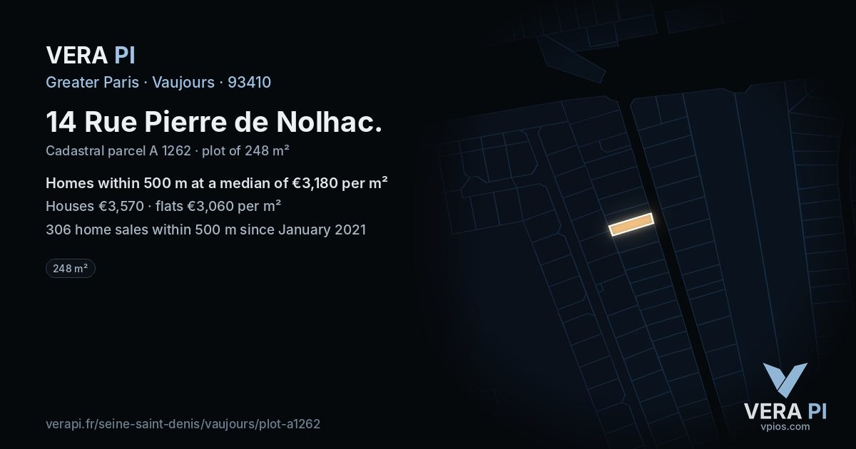 14 Rue Pierre de Nolhac, Vaujours at night – the plot lit, the parcels around coloured by the prices near them