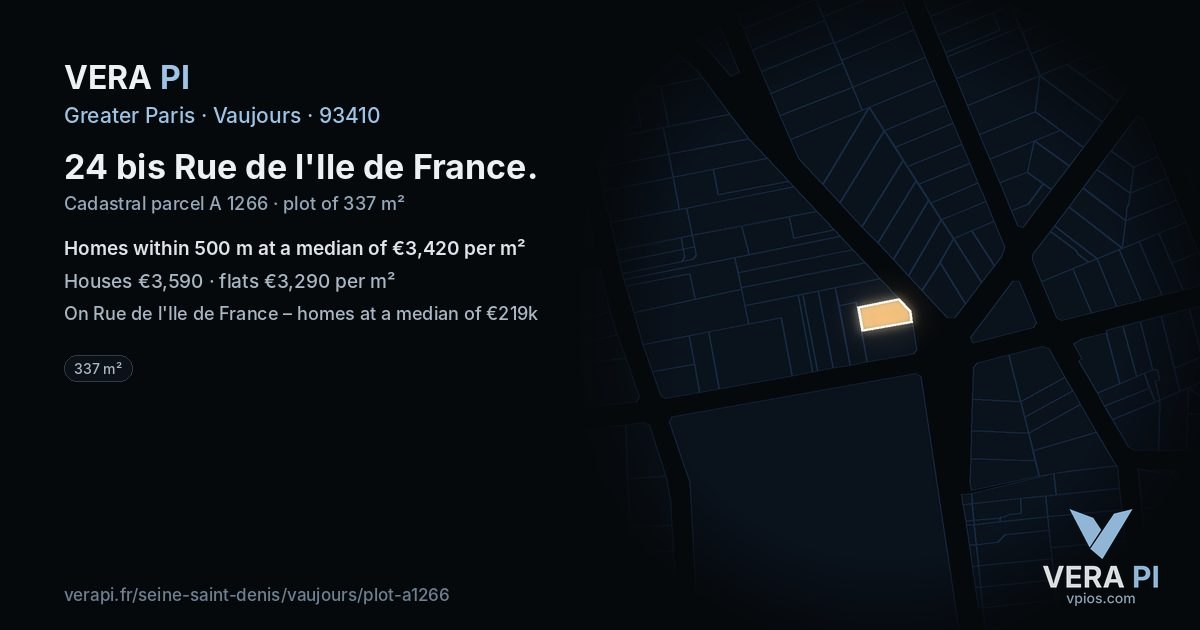 24 bis Rue de l'Ile de France, Vaujours at night – the plot lit, the parcels around coloured by the prices near them