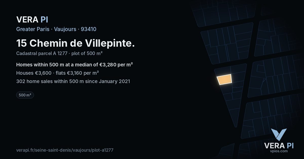 15 Chemin de Villepinte, Vaujours at night – the plot lit, the parcels around coloured by the prices near them