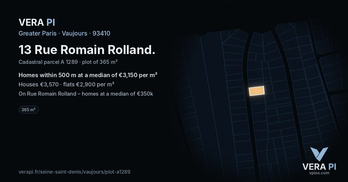 13 Rue Romain Rolland, Vaujours at night – the plot lit, the parcels around coloured by the prices near them